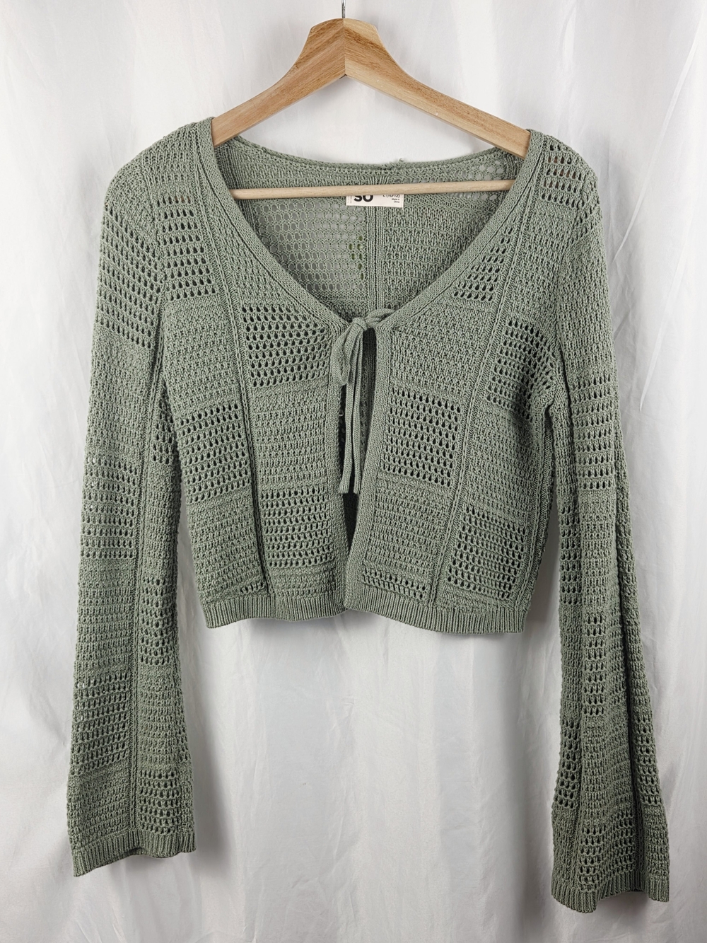 SO Knit Tie-Front Cropped Sweater Cardigan Bell Sleeve Sage Green Size 10/12 L